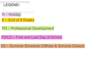 District School Academic Calendar Legend for Southeastern La University Lab School