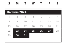 District School Academic Calendar for Intervention Learning Program for December 2024