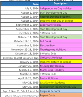 District School Academic Calendar Legend for Southdown Elementary School