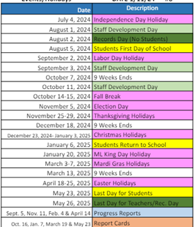 District School Academic Calendar Legend for Elysian Fields Middle School