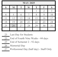 District School Academic Calendar for Wainwright Middle School for May 2025