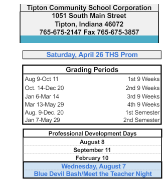 District School Academic Calendar Legend for Tipton Middle School
