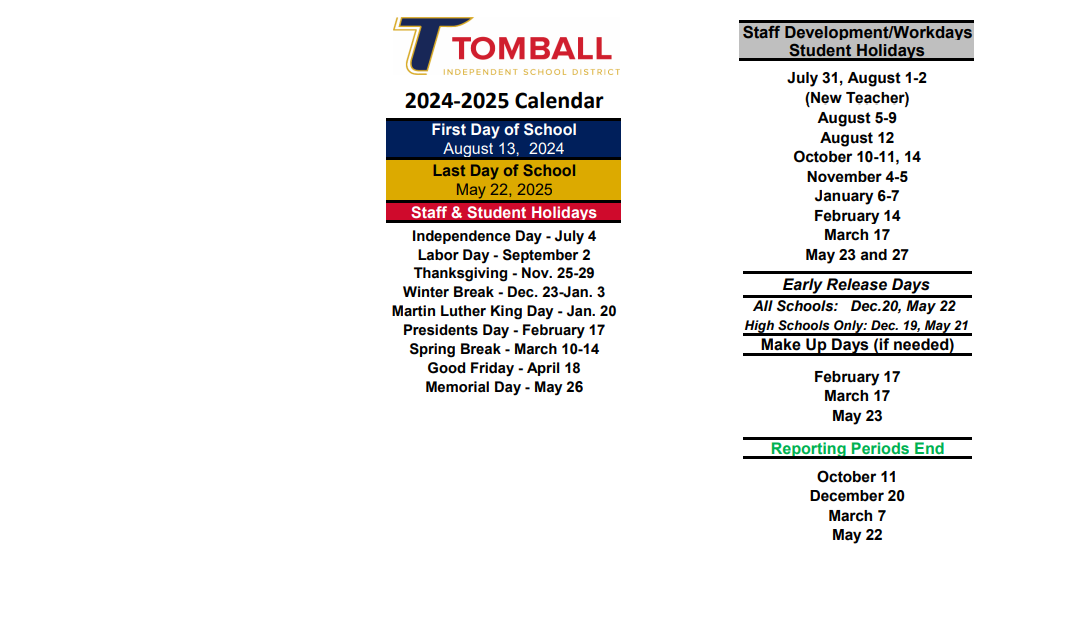 District School Academic Calendar Key for Tomball Elementary