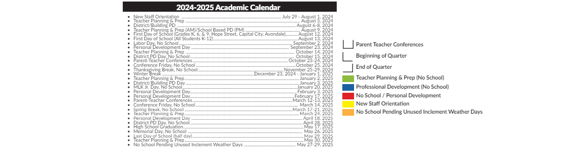 District School Academic Calendar Key for Sheldon Child Development