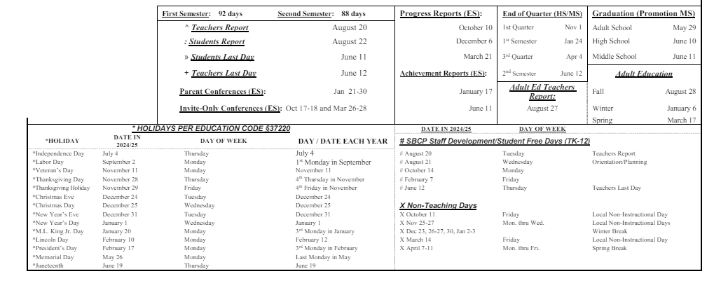District School Academic Calendar Key for Seaside Elementary