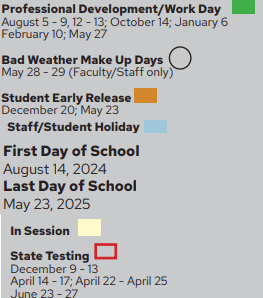 District School Academic Calendar Legend for Rice Elementary