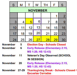 District School Academic Calendar for Skoff Elementary for November 2024