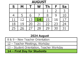 District School Academic Calendar for Flint Lake Elementary Sch for August 2024