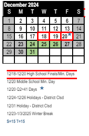 District School Academic Calendar for Ventura High for December 2024