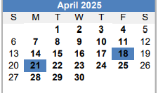 District School Academic Calendar for Martin De Leon Elementary for April 2025