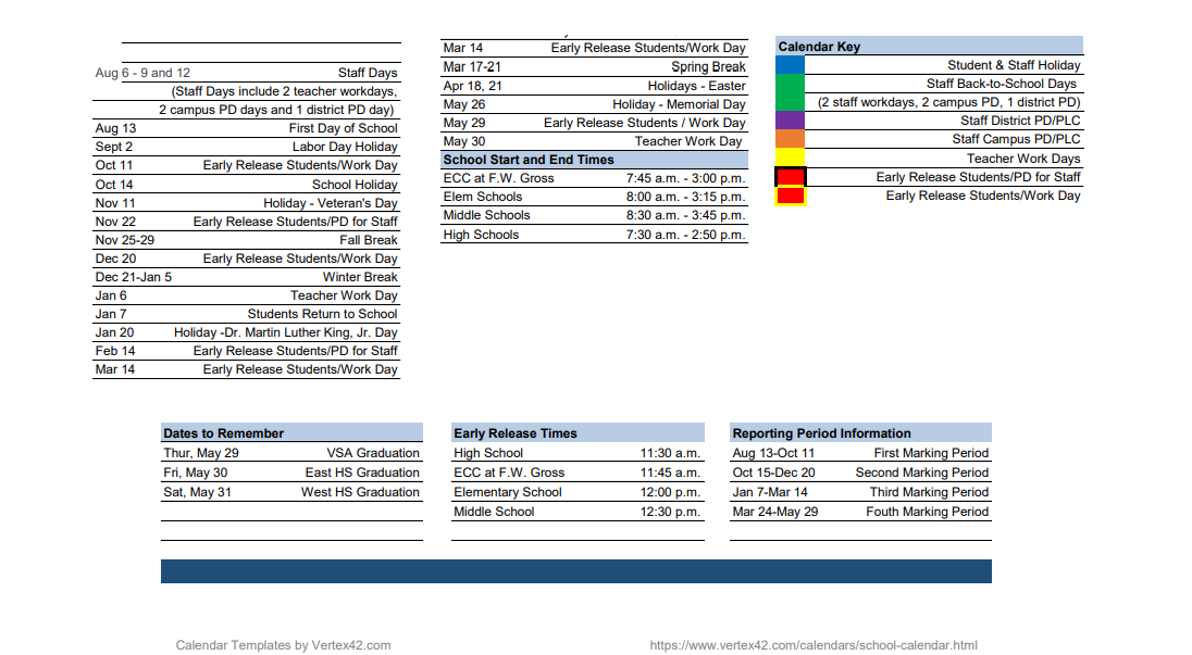 District School Academic Calendar Key for Homebound