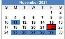 District School Academic Calendar for Martin De Leon Elementary for November 2024