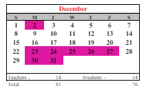District School Academic Calendar for Pilgrim High School for December 2024