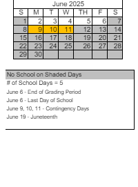 District School Academic Calendar for Peavine Elementary School for June 2025