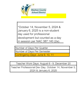 District School Academic Calendar Legend for Washoe High School