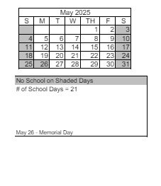 District School Academic Calendar for Peavine Elementary School for May 2025