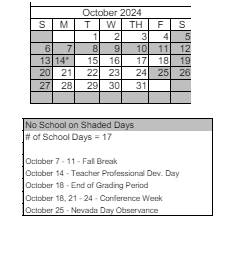 District School Academic Calendar for Peavine Elementary School for October 2024