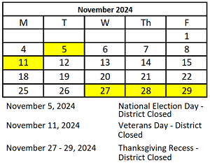 District School Academic Calendar for Miguel Juarez Middle School for November 2024
