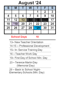 District School Academic Calendar for Transition Learning Center for August 2024