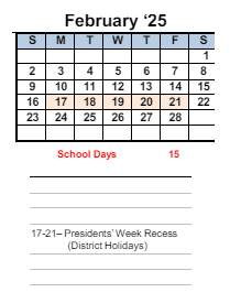 District School Academic Calendar for Transition Learning Center for February 2025
