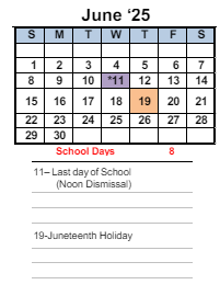 District School Academic Calendar for Downer (edward M.) Elementary for June 2025