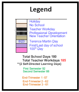 District School Academic Calendar Legend for Transition Learning Center