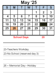 District School Academic Calendar for Vista High (alt) for May 2025