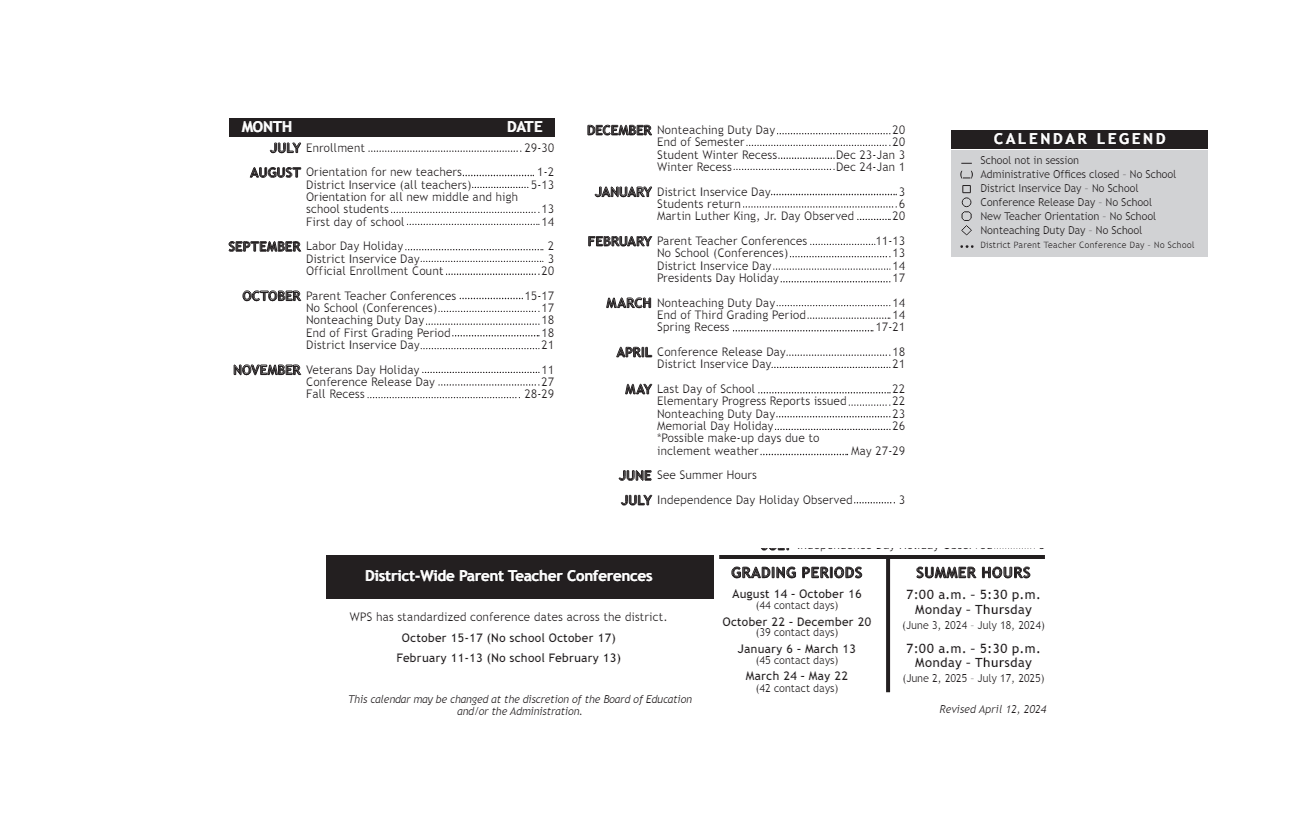District School Academic Calendar Key for Washington Accelerated Learning Elem