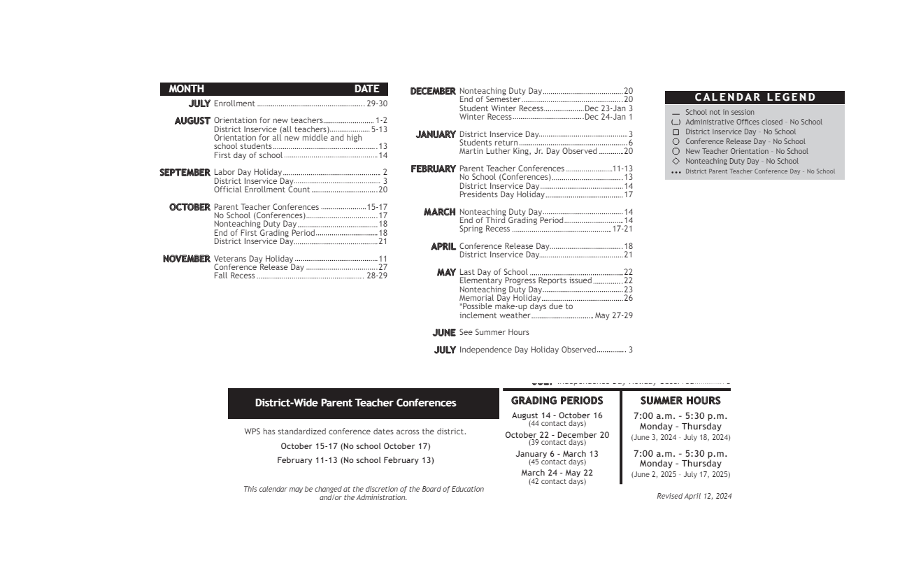 District School Academic Calendar Key for Franklin Elem