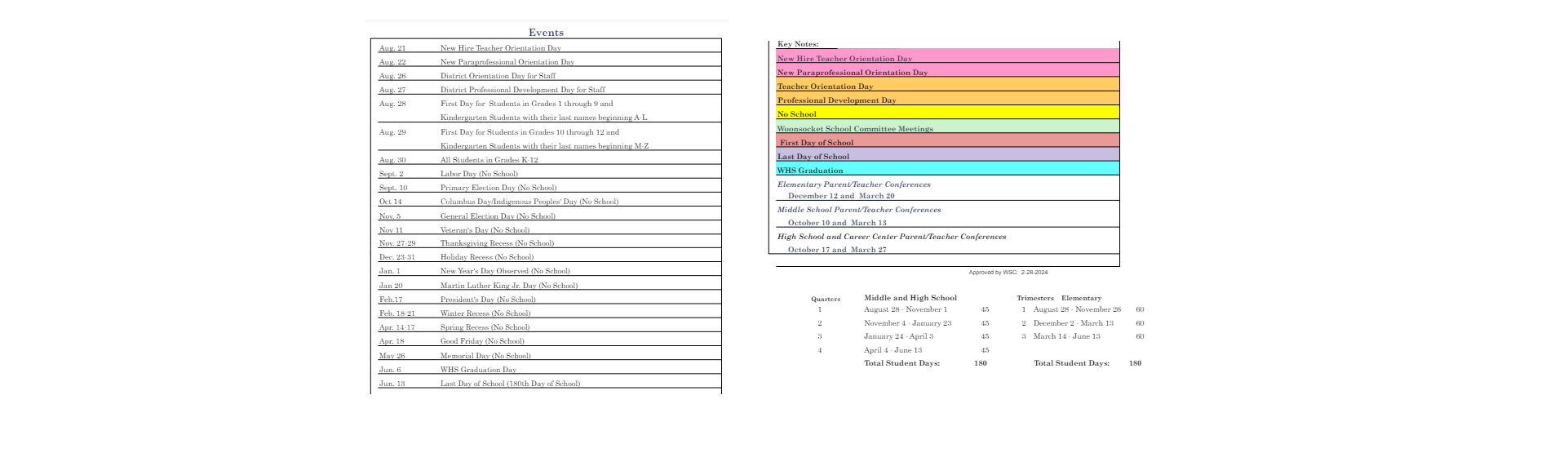 District School Academic Calendar Key for Fifth Avenue School