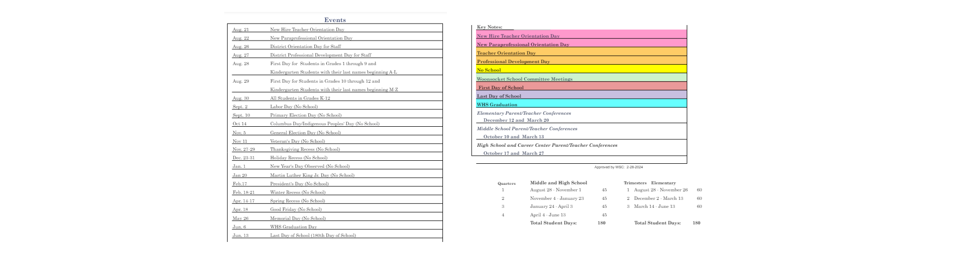 District School Academic Calendar Key for Social Street School