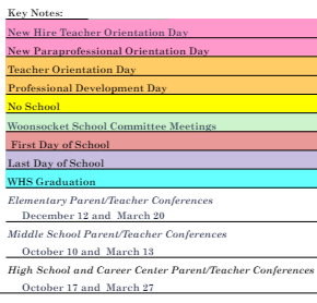 District School Academic Calendar Legend for Fifth Avenue School