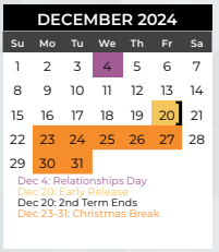 District School Academic Calendar for Cooper Junior High for December 2024