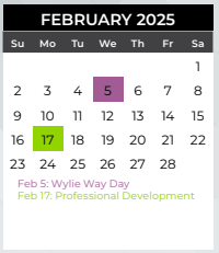 District School Academic Calendar for Collin Co J J A E P for February 2025