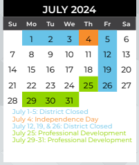 District School Academic Calendar for Dodd Elementary for July 2024