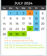 District School Academic Calendar for Smith Elementary for July 2024