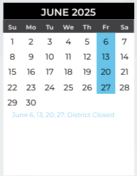 District School Academic Calendar for Cooper Junior High for June 2025