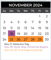 District School Academic Calendar for Groves Elementary School for November 2024