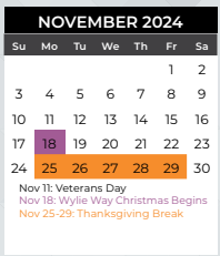 District School Academic Calendar for Mcmillan Junior High School for November 2024