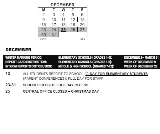 District School Academic Calendar for Montessori School 27 for December 2024