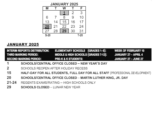 District School Academic Calendar for Montessori School 27 for January 2025