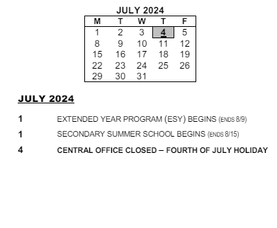 District School Academic Calendar for Montessori School 27 for July 2024