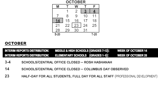 District School Academic Calendar for Montessori School 27 for October 2024