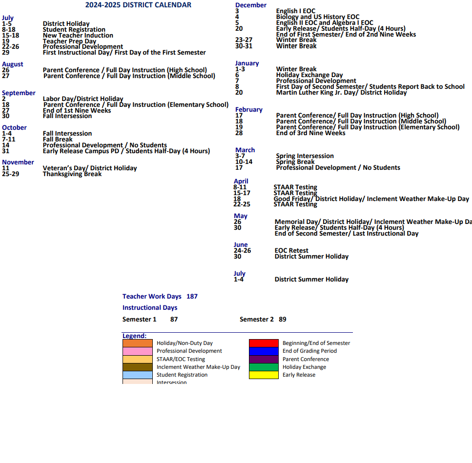 District School Academic Calendar Key for Eastwood Middle School