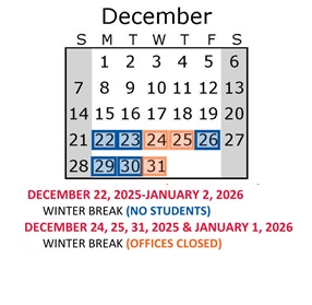 District School Academic Calendar for Saturn Learning Center High School for December 2025