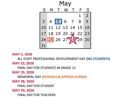 District School Academic Calendar for Saturn Learning Center High School for May 2026