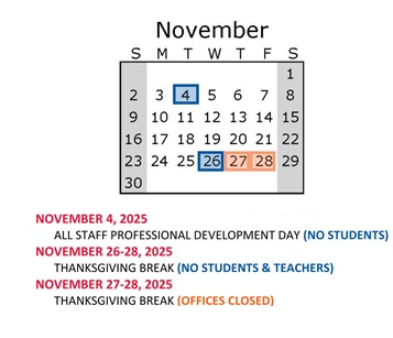 District School Academic Calendar for Saturn Learning Center High School for November 2025