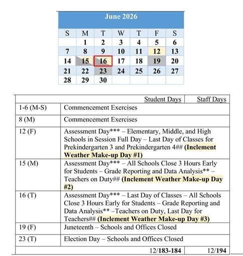 District School Academic Calendar for Baltimore Highlands Elementary for June 2026