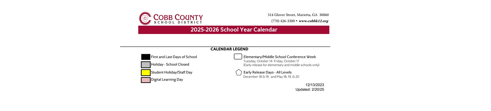 District School Academic Calendar Key for Acworth Elementary School
