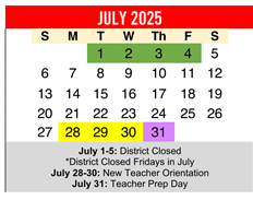 District School Academic Calendar for Hornsby Dunlap Elementary School for July 2025